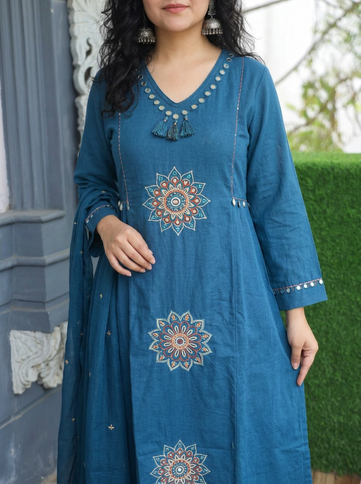 Meher Blue Embroidered with Tassels Cotton 3 Piece Set