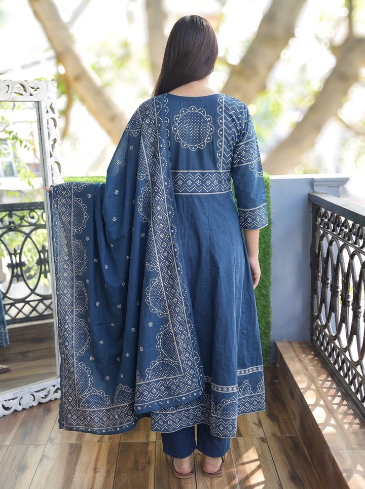 Rashi Blue Bandhani Gathered Cotton 3 PIece Set