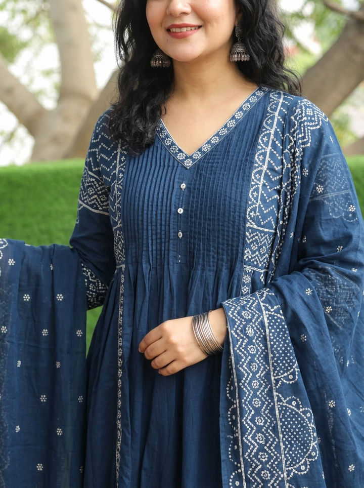 Rashi Blue Bandhani Gathered Cotton 3 PIece Set