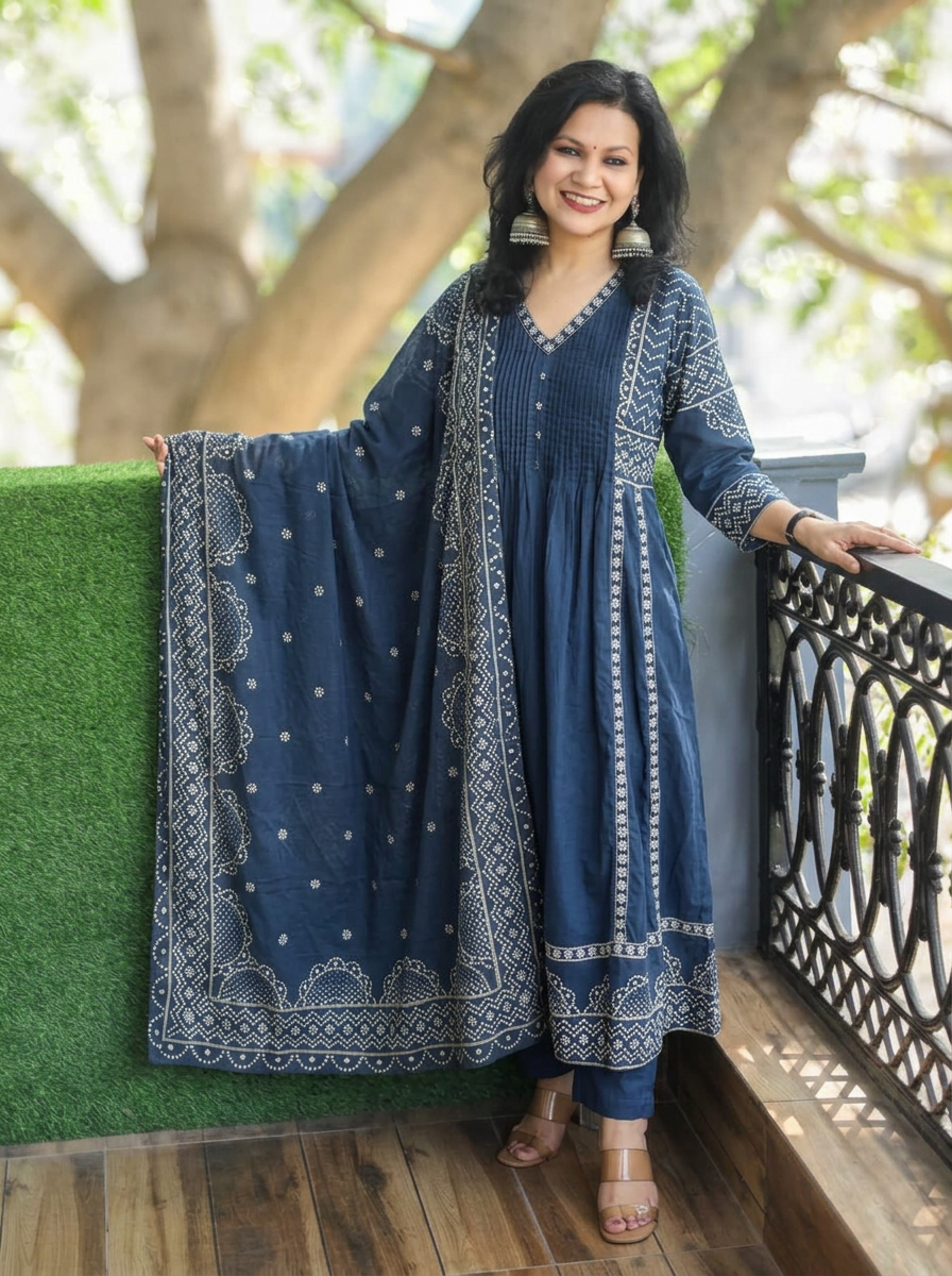 Rashi Blue Bandhani Gathered Cotton 3 PIece Set