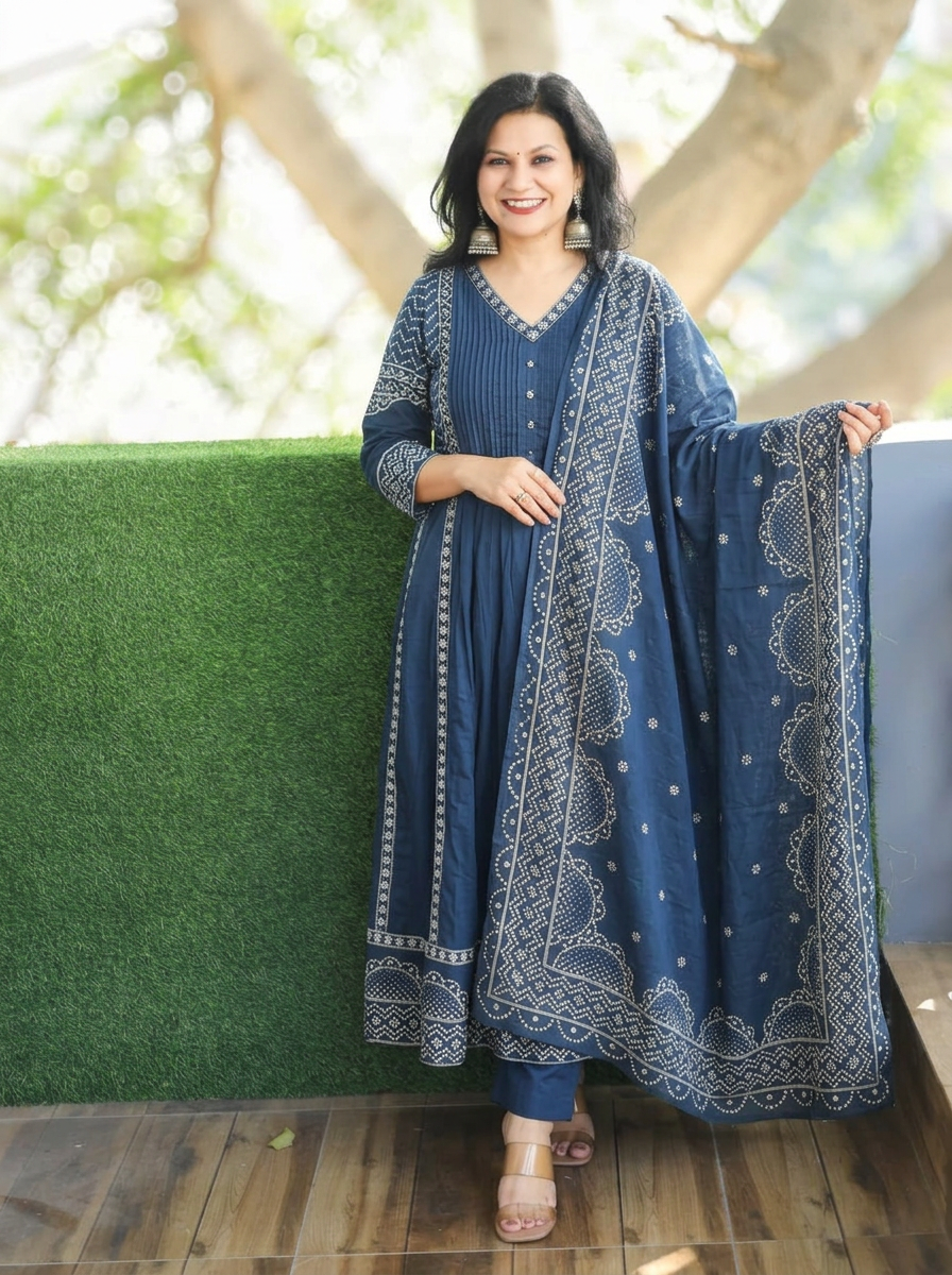 Rashi Blue Bandhani Gathered Cotton 3 PIece Set