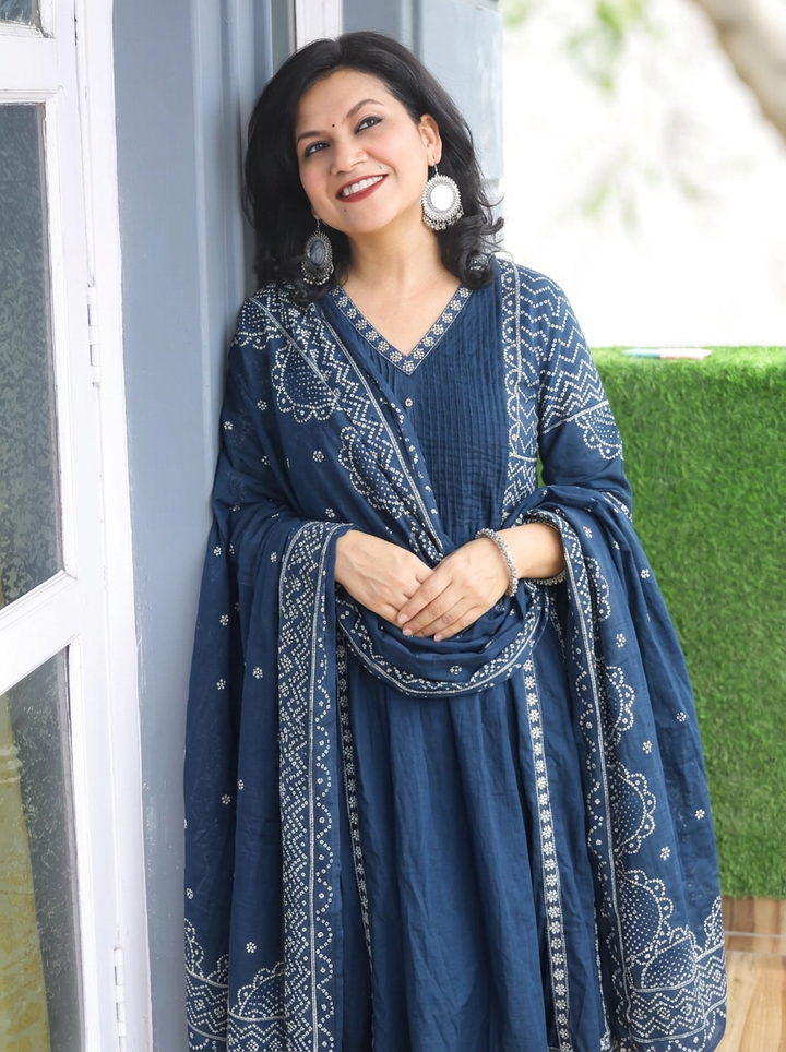 Rashi Blue Bandhani Gathered Cotton 3 PIece Set