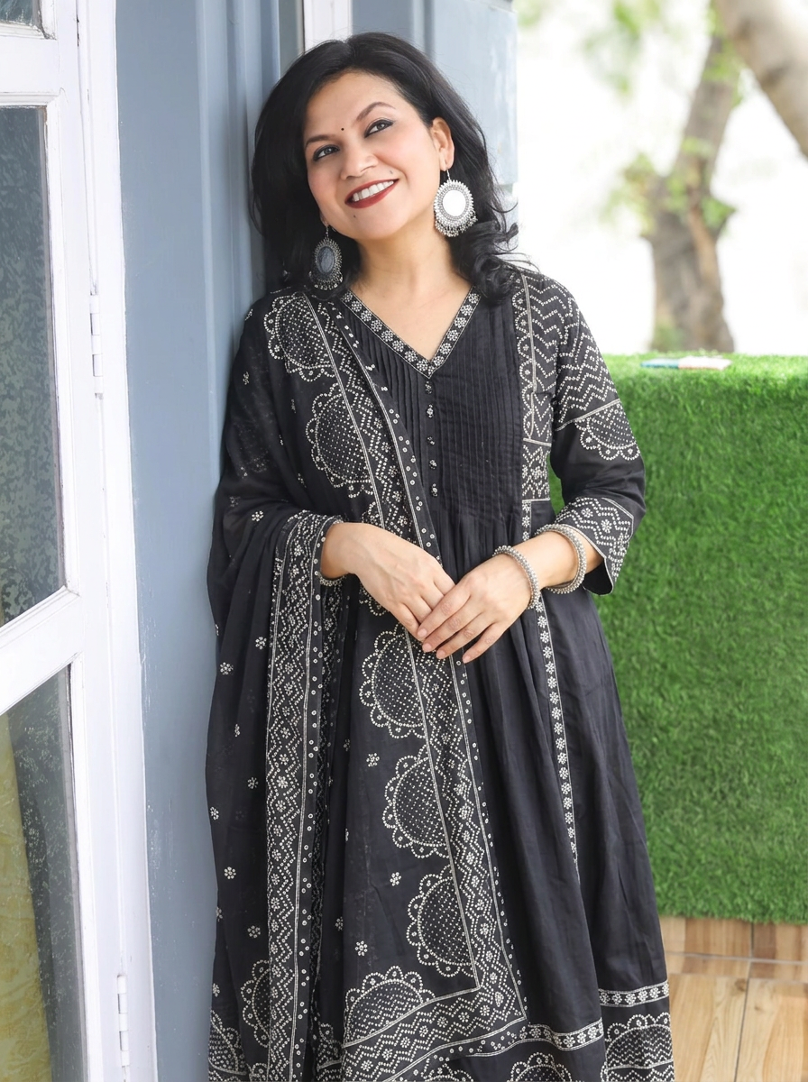Rashi Black Bandhani Gathered Cotton 3 PIece Set