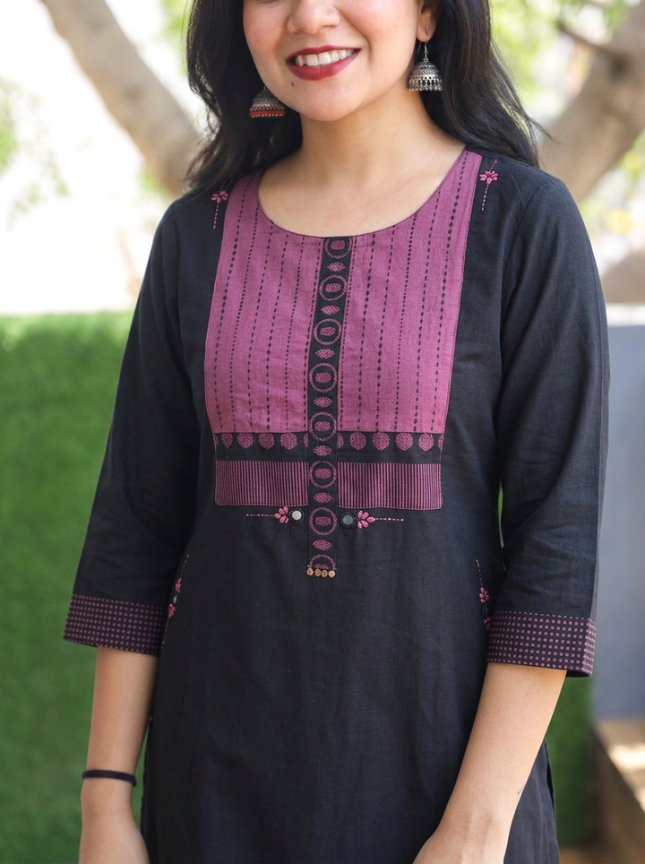 Parvati Black with Mirror Work Cotton kurti
