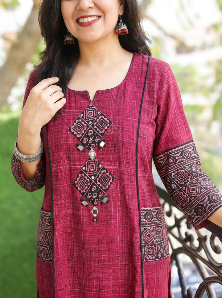 Madhvi Red Ajrakh Yoke Brush Painted Cotton 2 Piece Set