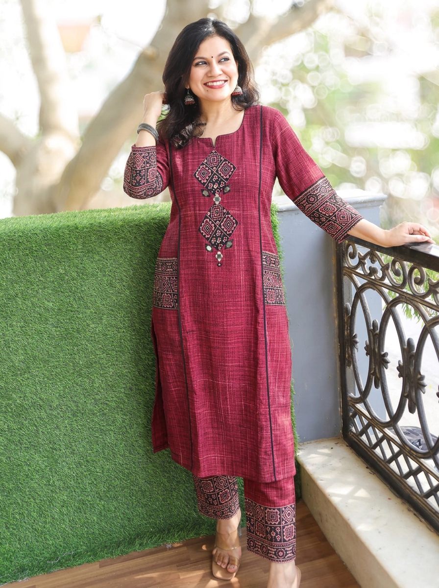 Madhvi Red Ajrakh Yoke Brush Painted Cotton 2 Piece Set