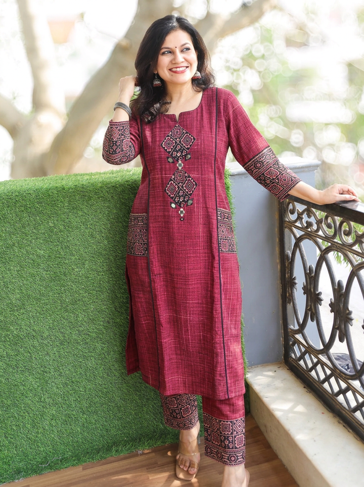 Madhvi Red Ajrakh Yoke Brush Painted Cotton 2 Piece Set