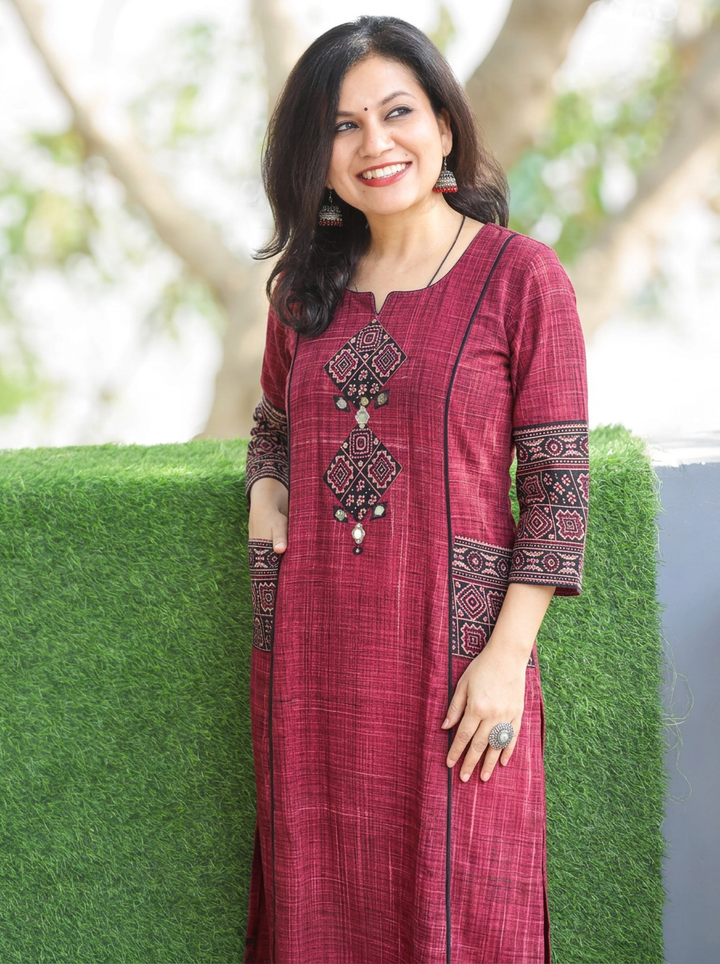 Madhvi Red Ajrakh Yoke Brush Painted Cotton 2 Piece Set