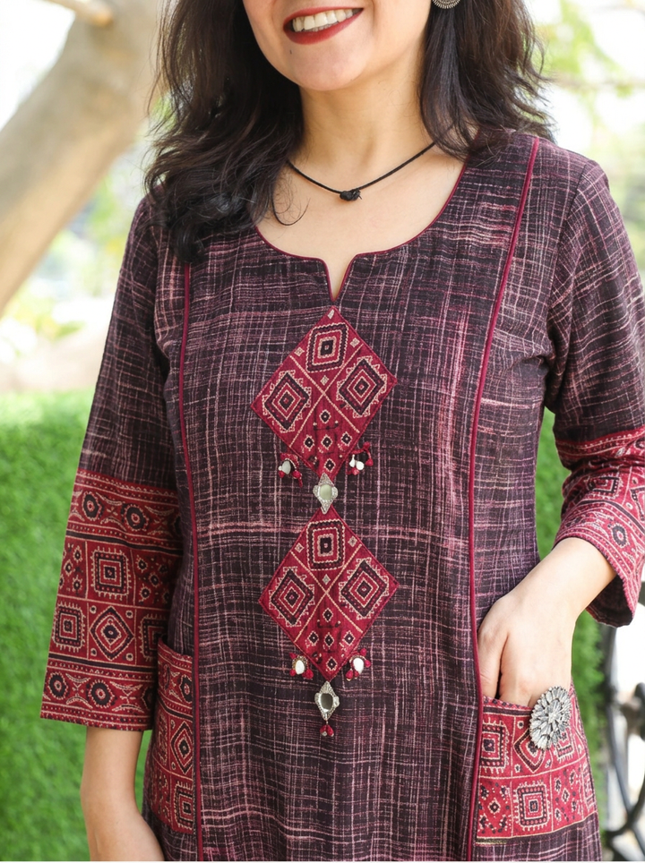 Madhvi Black Ajrakh Yoke Brush Painted Cotton 2 Piece Set