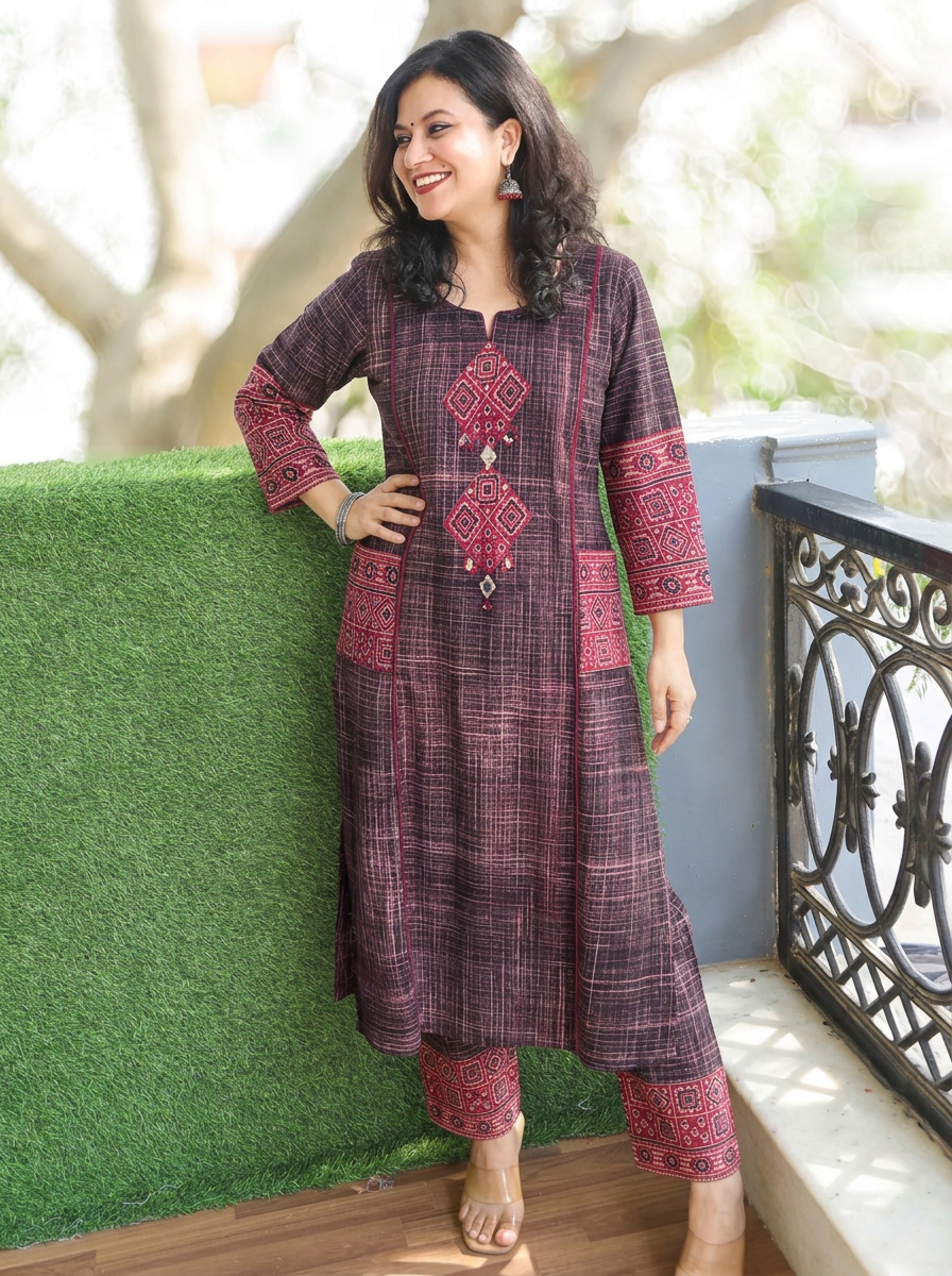 Madhvi Black Ajrakh Yoke Brush Painted Cotton 2 Piece Set