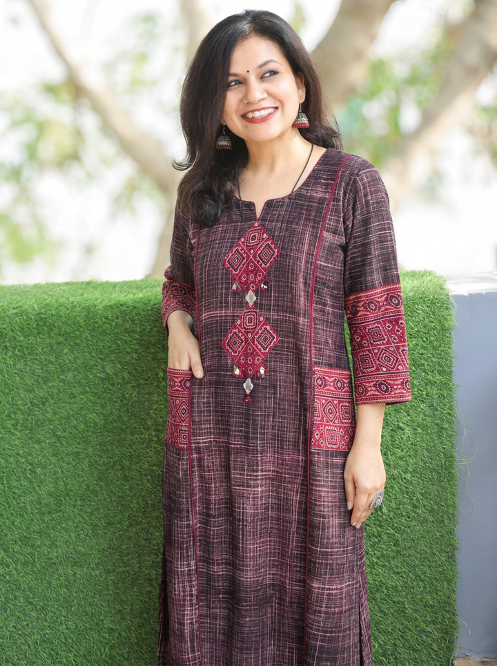 Madhvi Black Ajrakh Yoke Brush Painted Cotton 2 Piece Set