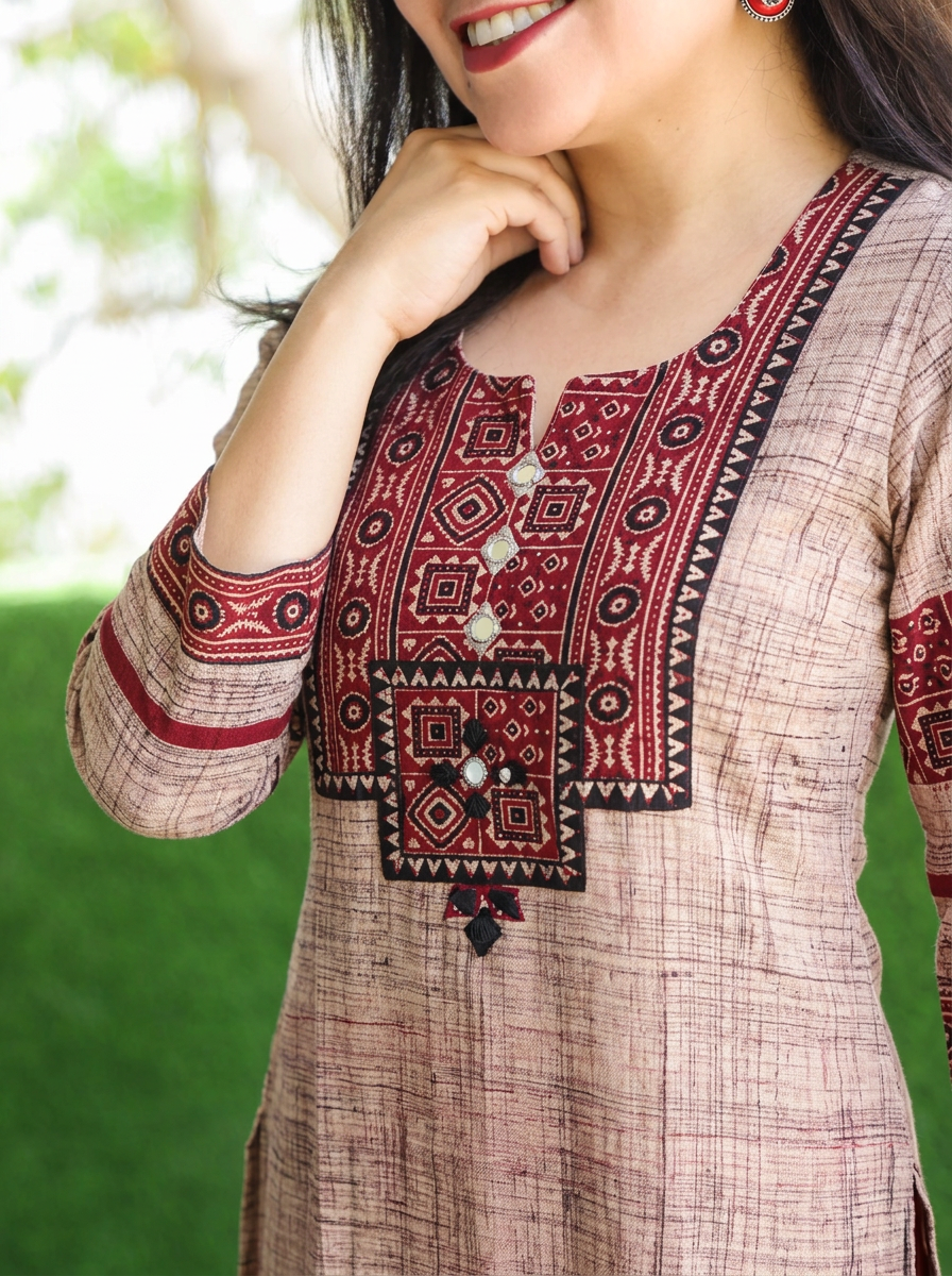 Zariya Beige Ajrakh Yoke Brush Painted Cotton Kurti