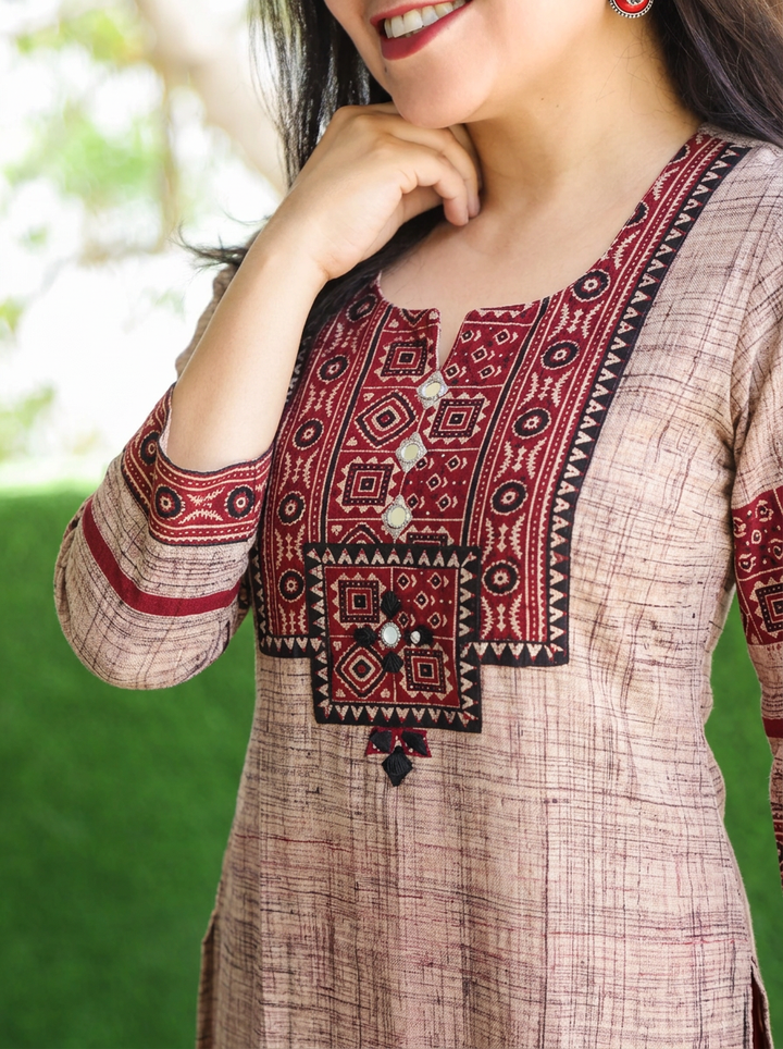 Zariya Beige Ajrakh Yoke Brush Painted Cotton Kurti