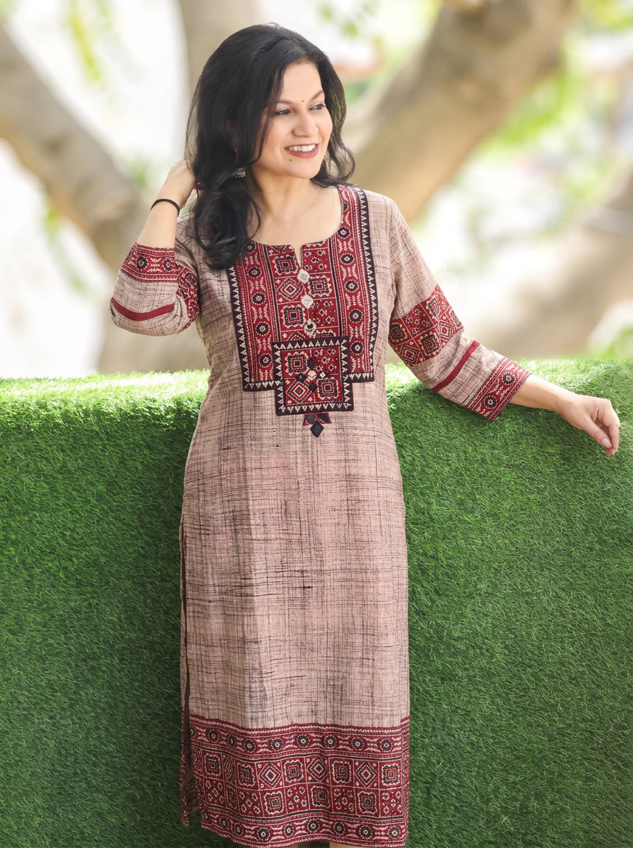 Zariya Beige Ajrakh Yoke Brush Painted Cotton Kurti