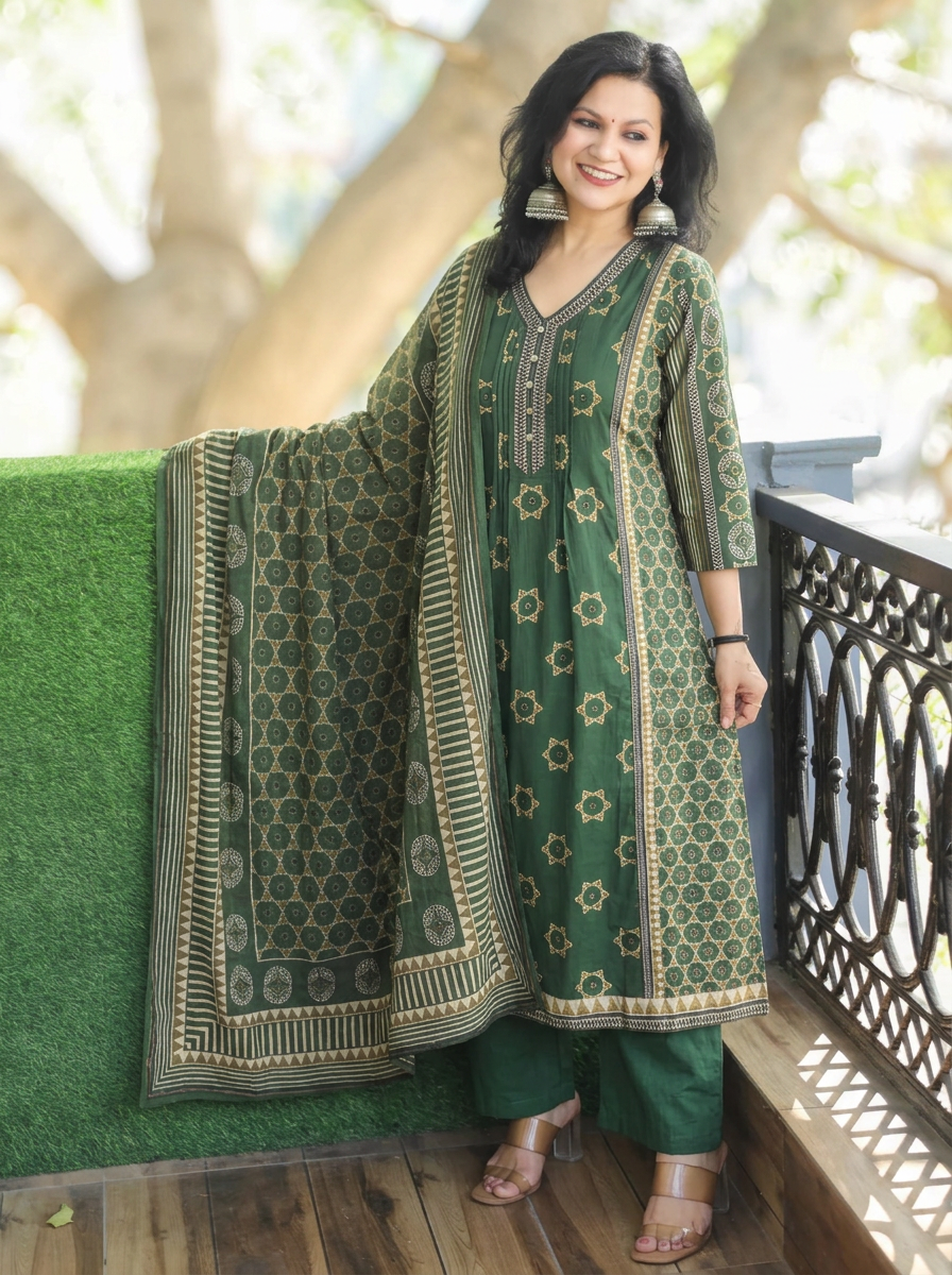 Latika Green V Neck Panel Style Cotton 3 Piece Set