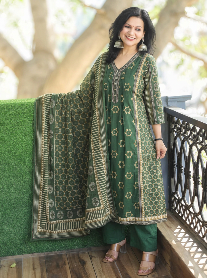Latika Green V Neck Panel Style Cotton 3 Piece Set