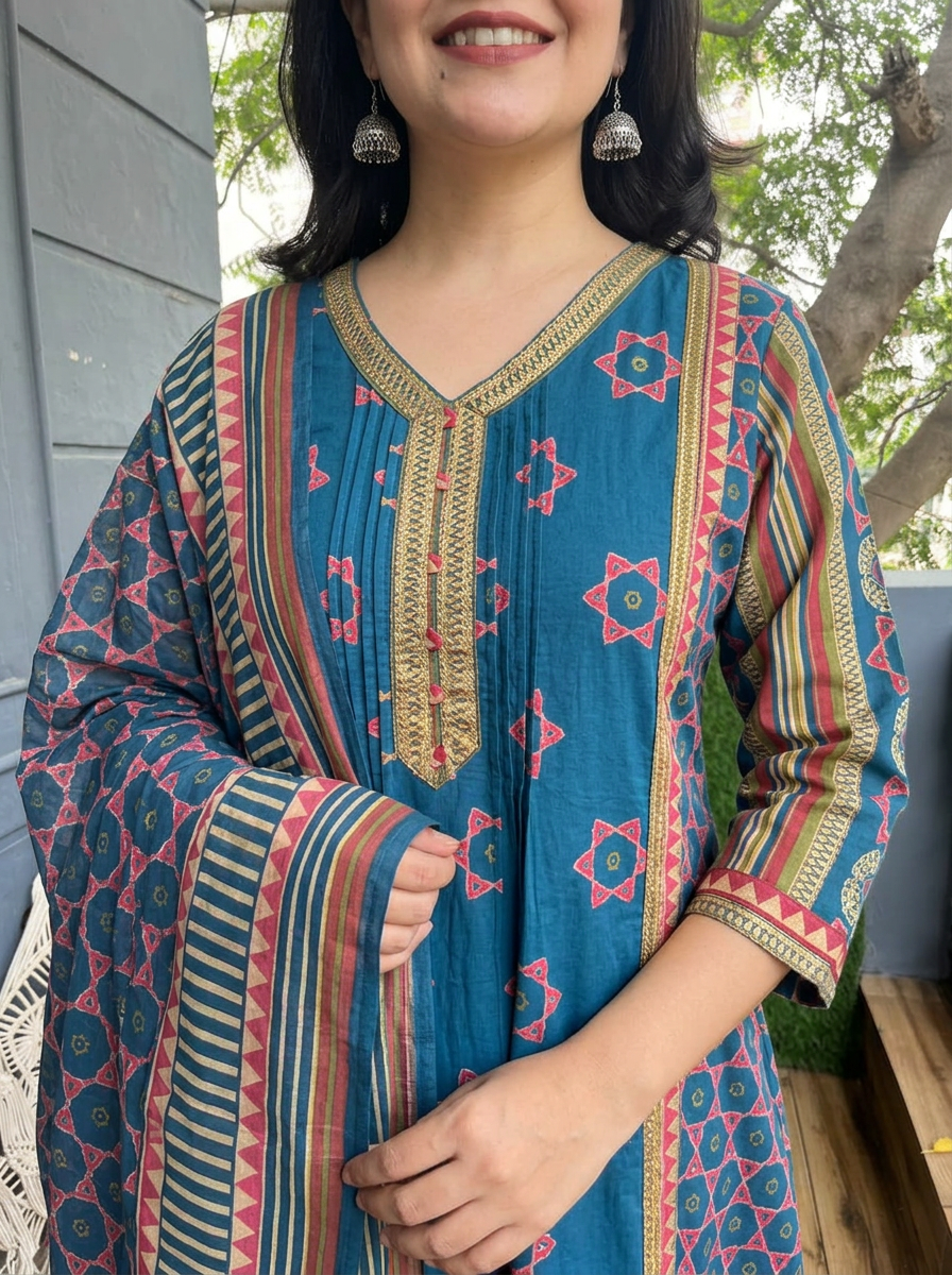 Latika Blue V Neck Panel Style Cotton 3 Piece Set