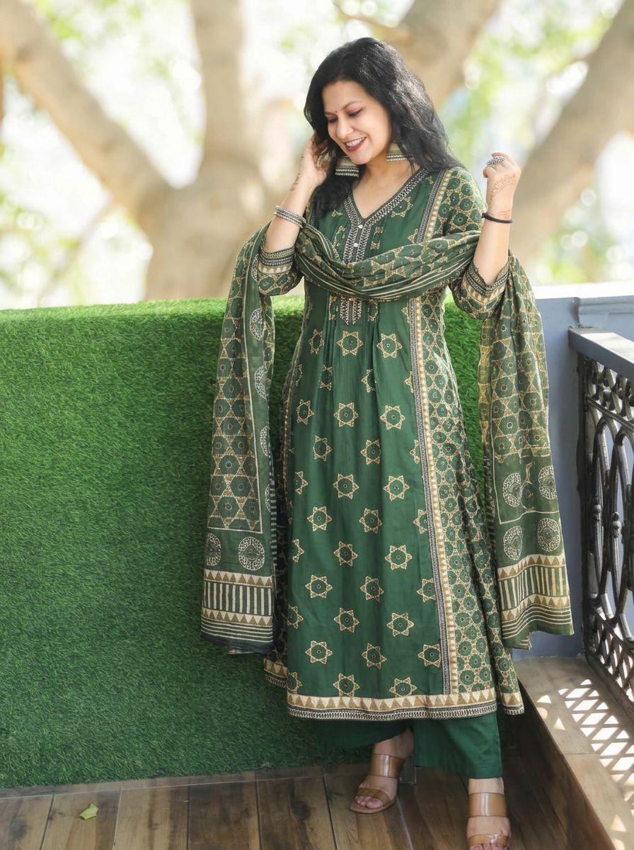 Latika Green V Neck Panel Style Cotton 3 Piece Set