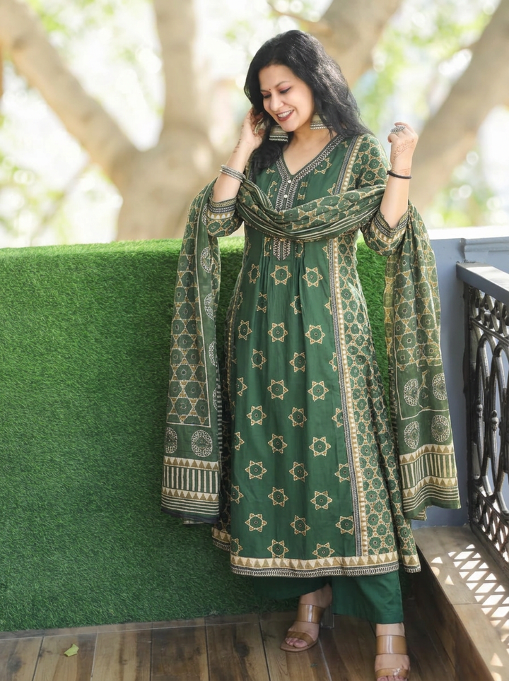 Latika Green V Neck Panel Style Cotton 3 Piece Set