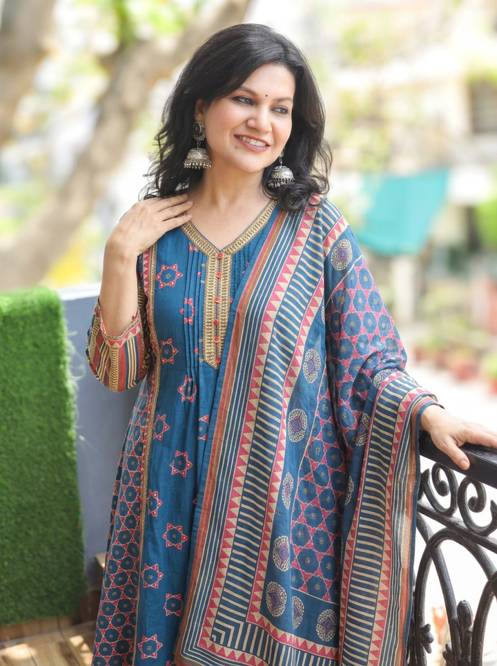 Latika Blue V Neck Panel Style Cotton 3 Piece Set