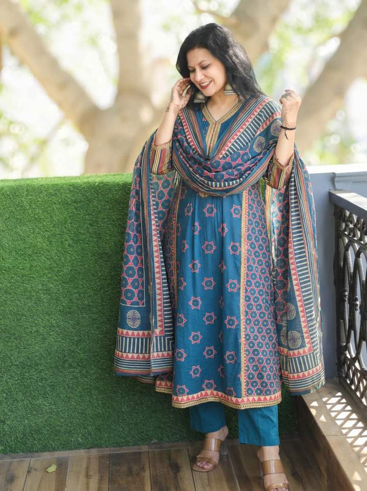 Latika Blue V Neck Panel Style Cotton 3 Piece Set