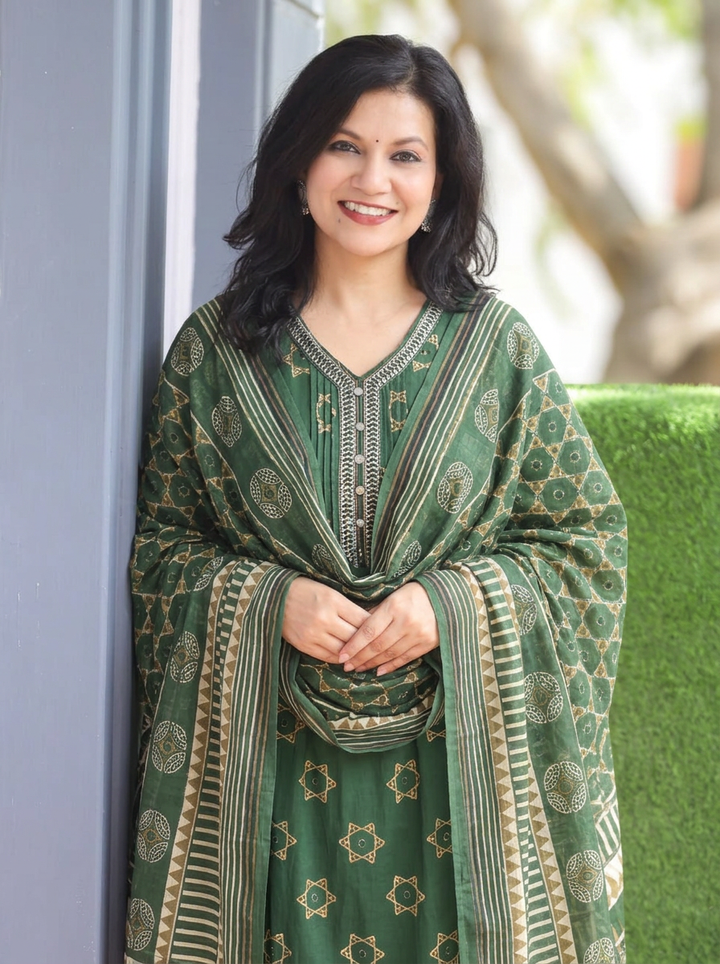 Latika Green V Neck Panel Style Cotton 3 Piece Set