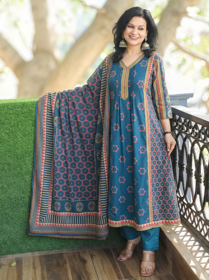 Latika Blue V Neck Panel Style Cotton 3 Piece Set