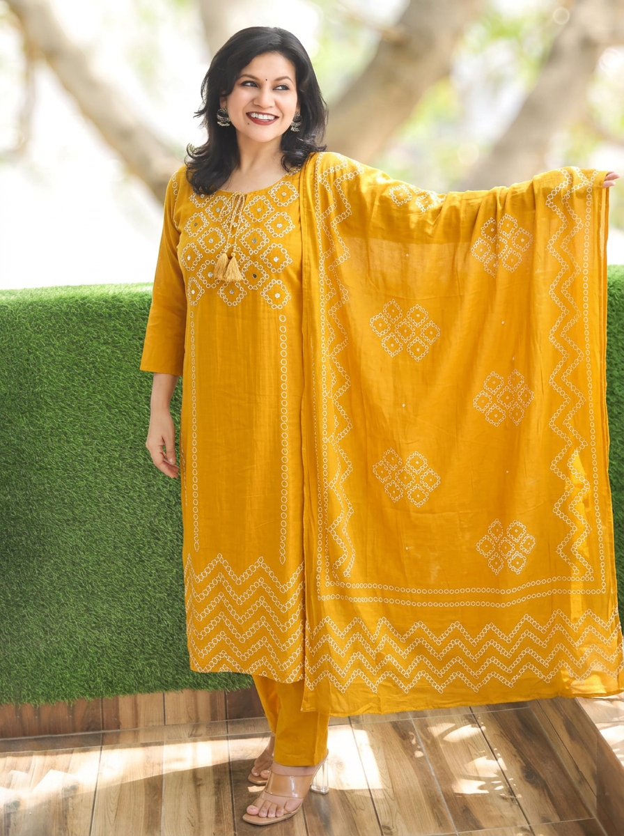 Madhuri Yellow Bubble Print Cotton 3 Piece Set