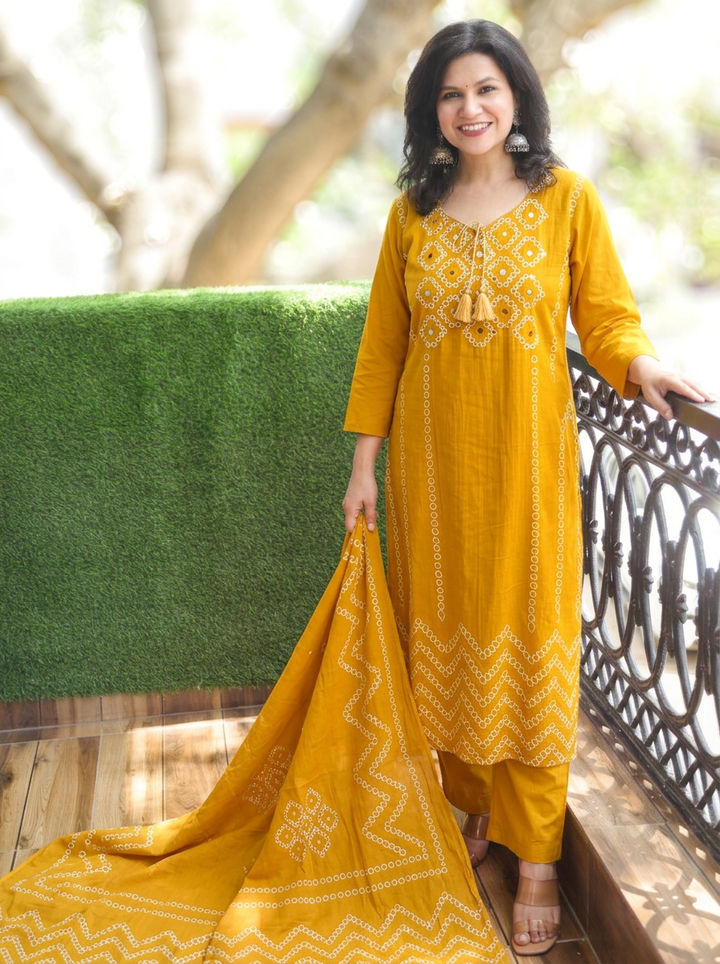 Madhuri Yellow Bubble Print Cotton 3 Piece Set