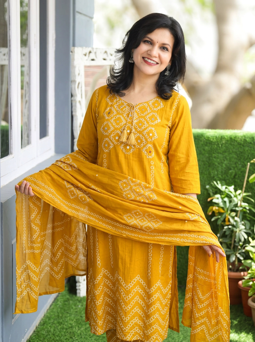 Madhuri Yellow Bubble Print Cotton 3 Piece Set