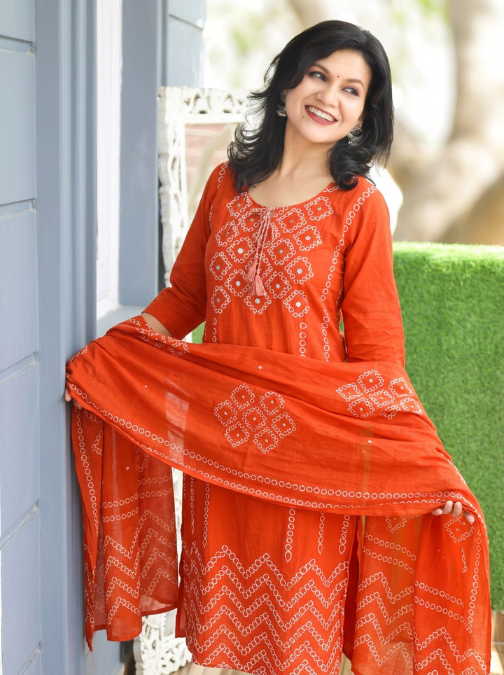 Madhuri Orange Bubble Print Cotton 3 Piece Set