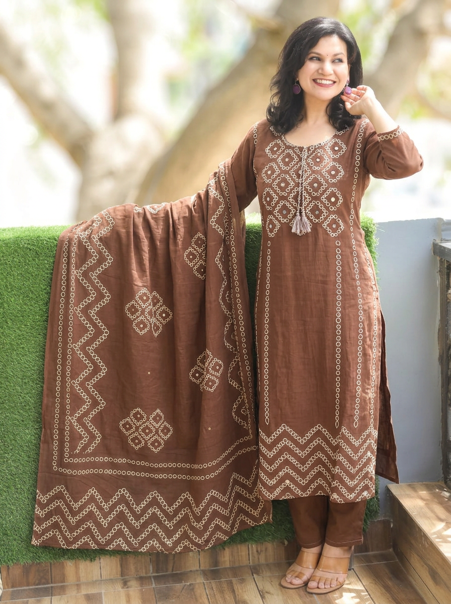 Madhuri Choco Brown Bubble Print Cotton 3 Piece Set