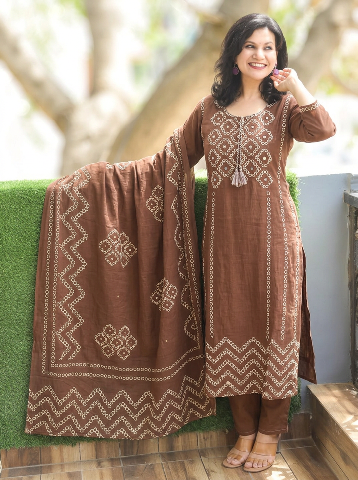 Madhuri Choco Brown Bubble Print Cotton 3 Piece Set