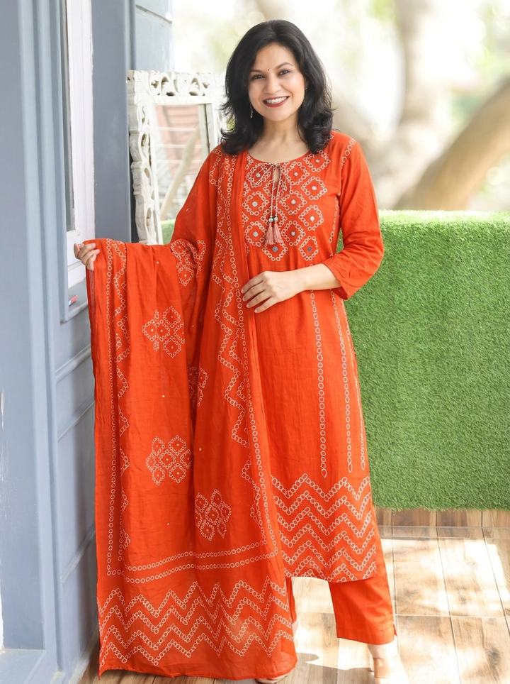 Madhuri Orange Bubble Print Cotton 3 Piece Set