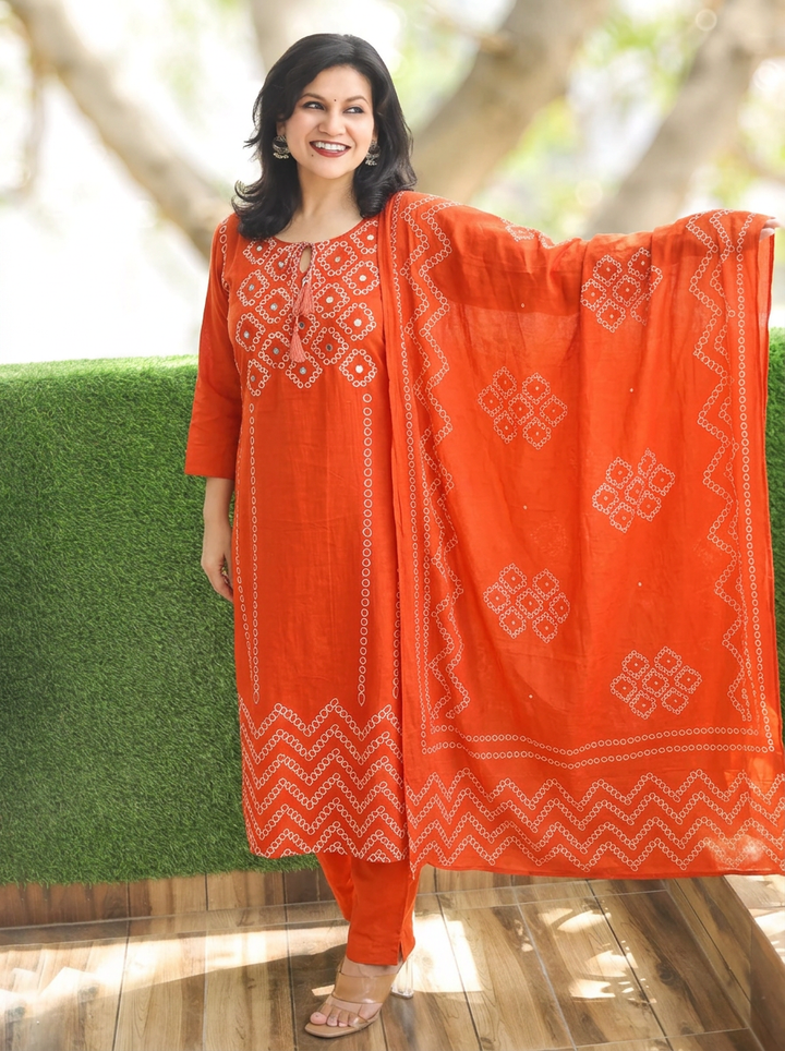 Madhuri Orange Bubble Print Cotton 3 Piece Set
