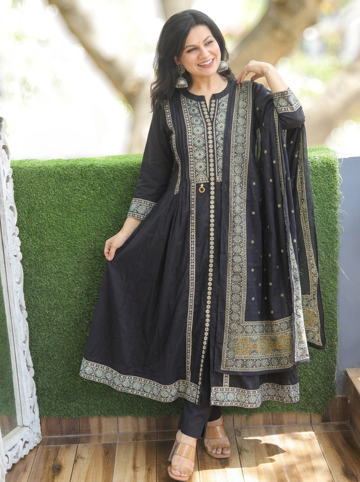 Deepika Black Center Slit Anarkali Cotton 3 Piece Set