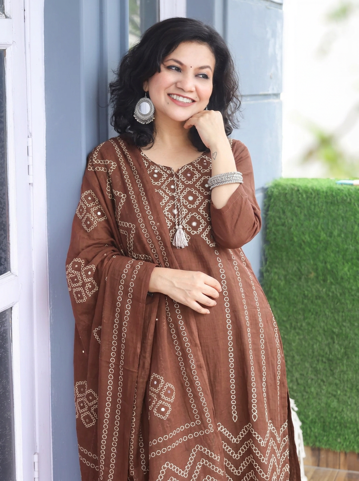 Madhuri Choco Brown Bubble Print Cotton 3 Piece Set