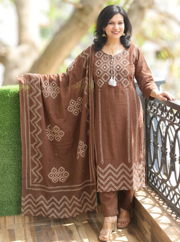 Madhuri Choco Brown Bubble Print Cotton 3 Piece Set