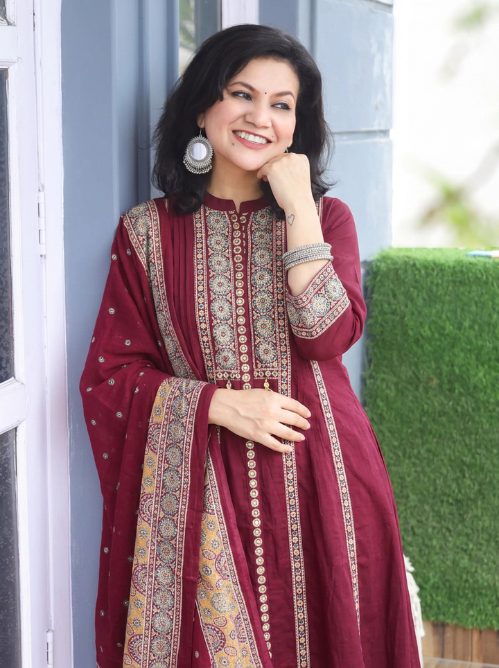 Deepika Wine Center Slit Anarkali Cotton 3 Piece Set