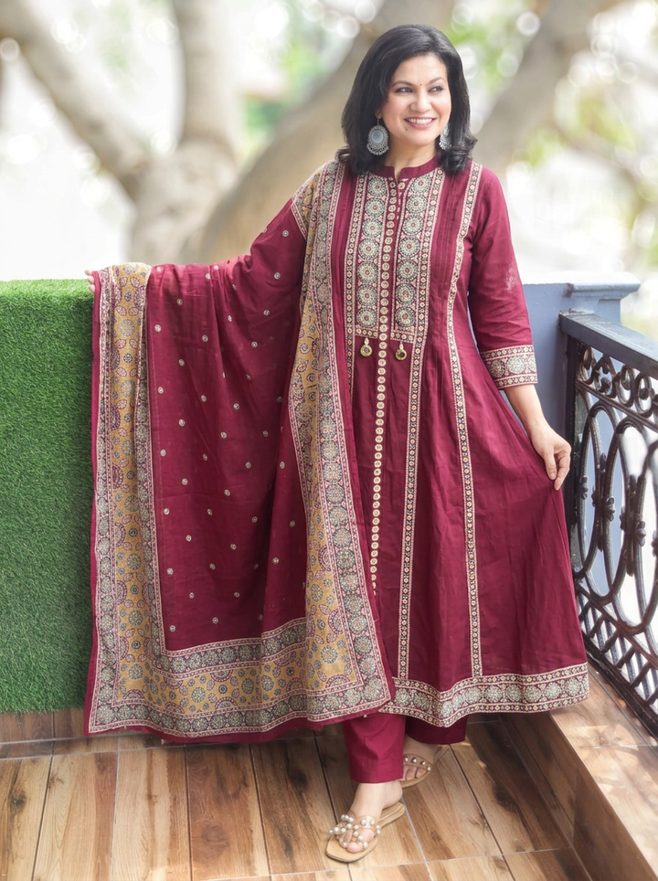 Deepika Wine Center Slit Anarkali Cotton 3 Piece Set