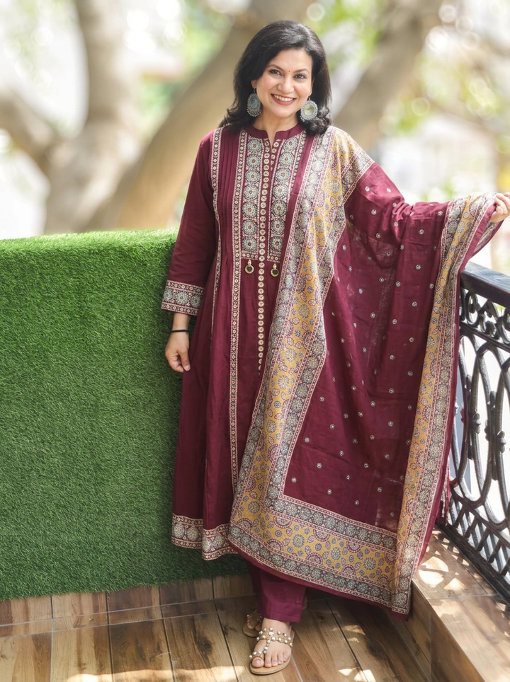 Deepika Wine Center Slit Anarkali Cotton 3 Piece Set