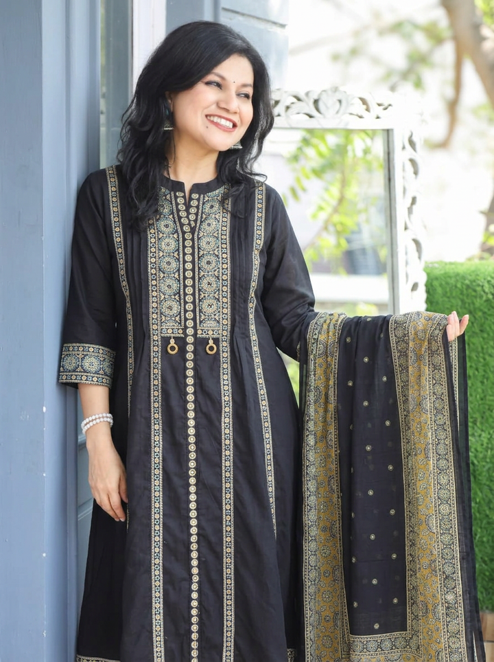 Deepika Black Center Slit Anarkali Cotton 3 Piece Set