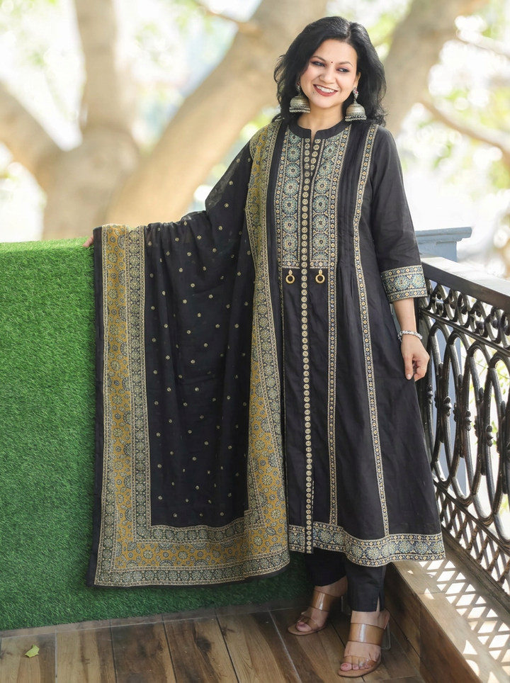 Deepika Black Center Slit Anarkali Cotton 3 Piece Set