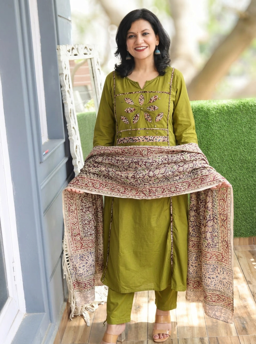 Shalini Forest Green Applique Yoke Kalamkari 3 Piece Set