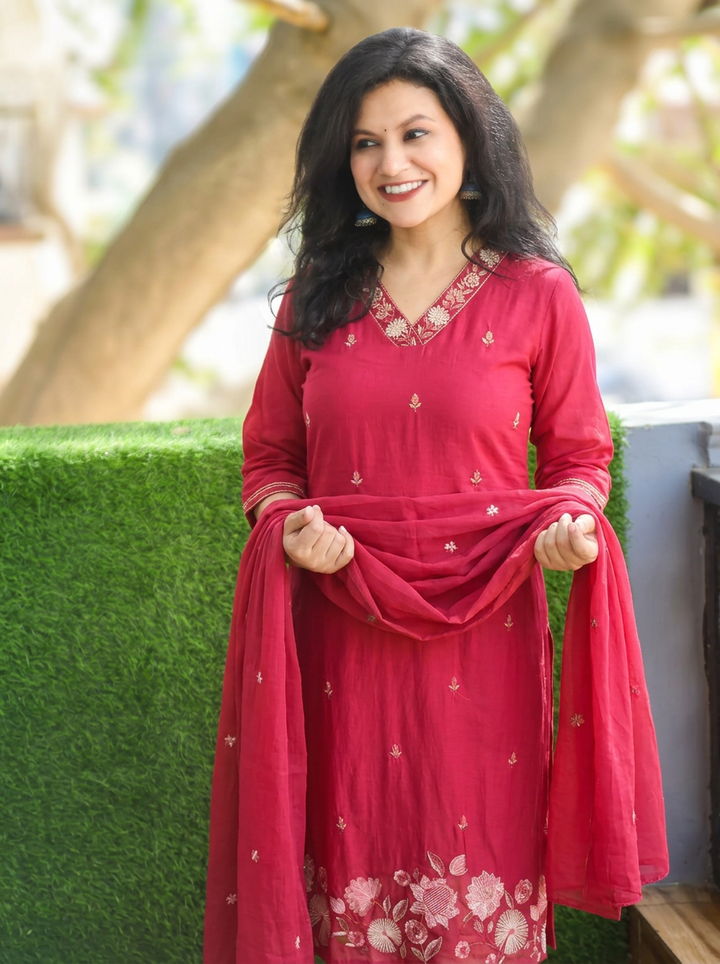 Rimjim Cherry Red Embroidered Hem Mul Cotton Set