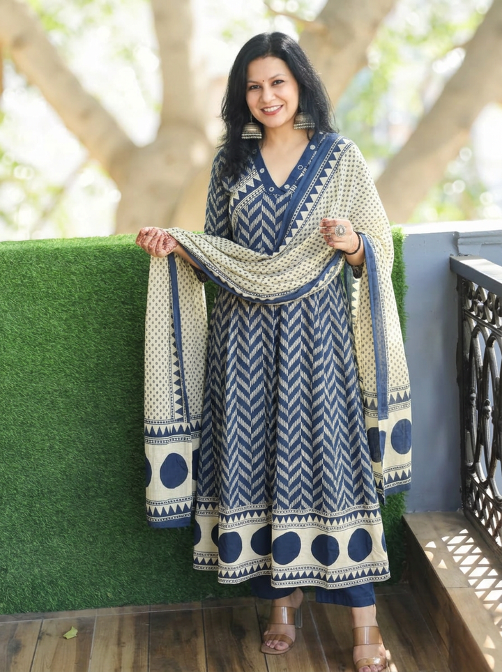Rishika Navy Blue Moti Work Anarkali Cotton 3 Piece Set
