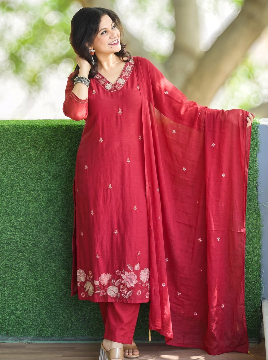 Rimjim Cherry Red Embroidered Hem Mul Cotton Set
