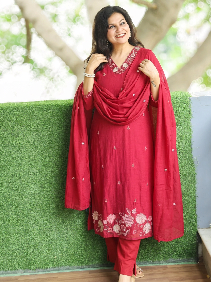 Rimjim Cherry Red Embroidered Hem Mul Cotton Set