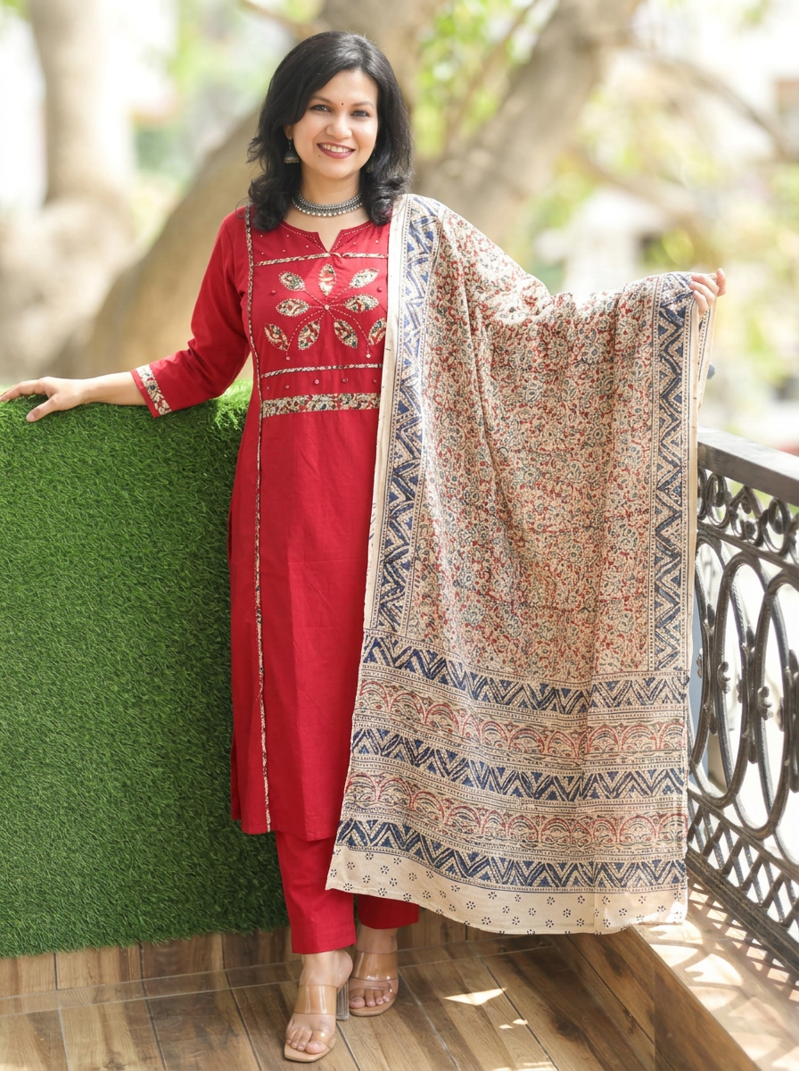 Shalini Maroon Red Applique Yoke Kalamkari 3 Piece Set