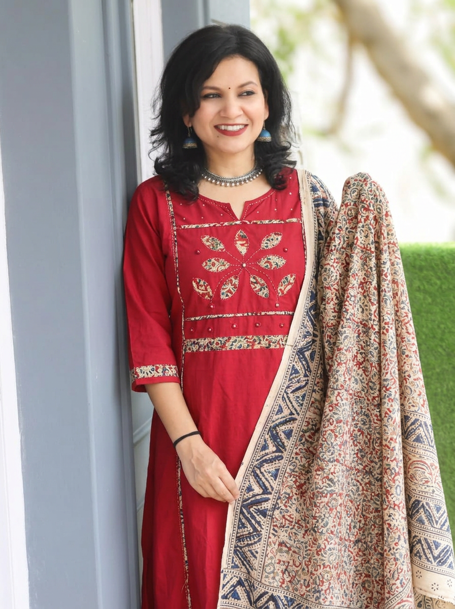 Shalini Maroon Red Applique Yoke Kalamkari 3 Piece Set